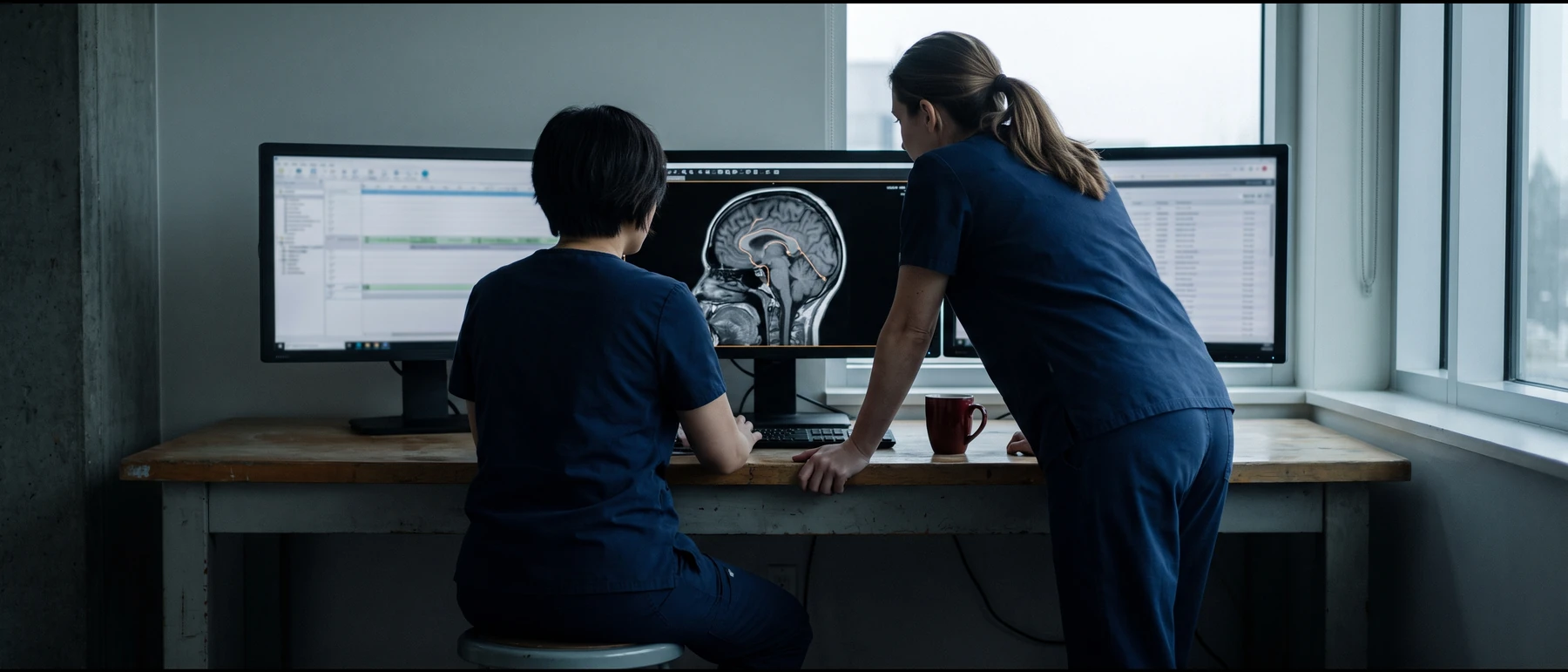Two clinicians in navy scrubs reviewing a brain MRI at an imaging review desk, the scan traced by an analysis model's segmentation outline.