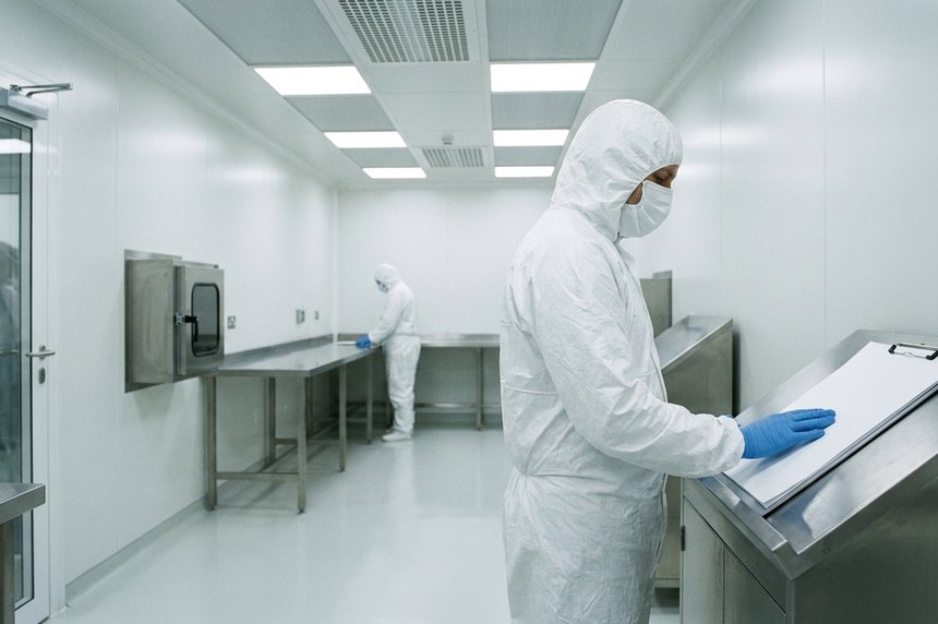 A gowned operator at a stainless documentation station in a finished cleanroom suite, a second operator working at the benching beyond.
