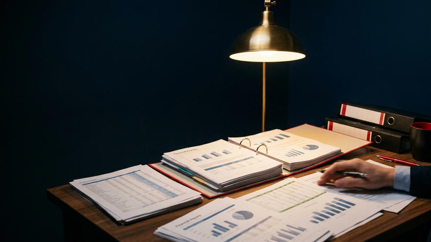 A diligence file open under a single desk lamp