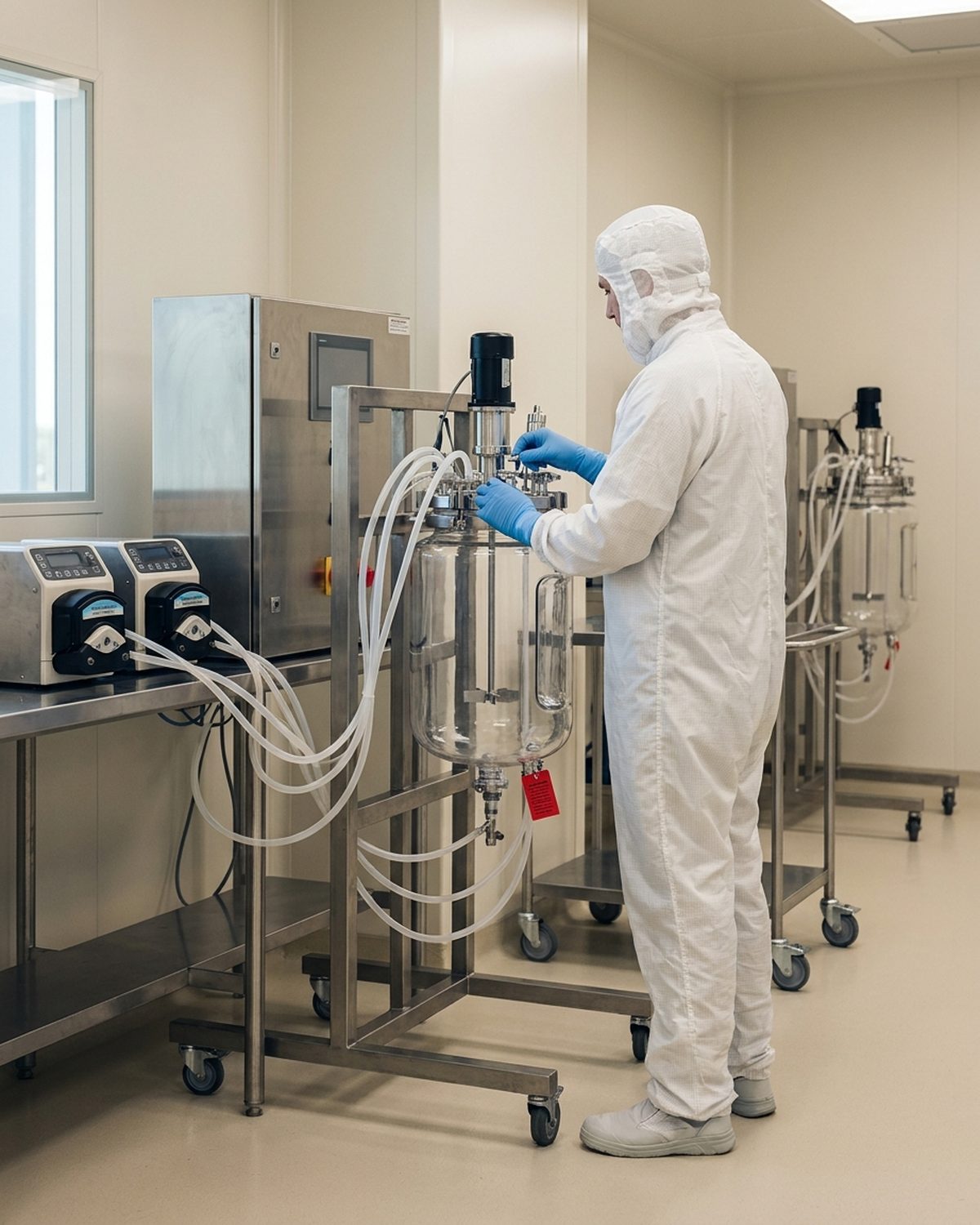 A gowned process engineer setting a tubing clamp on a benchtop single-use bioreactor in a pilot cleanroom suite.